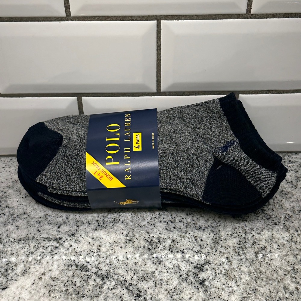 New Polo Ralph Lauren Mens 10-13 4 Pack Low Cut Socks Navy Grey Pony Logo Preppy